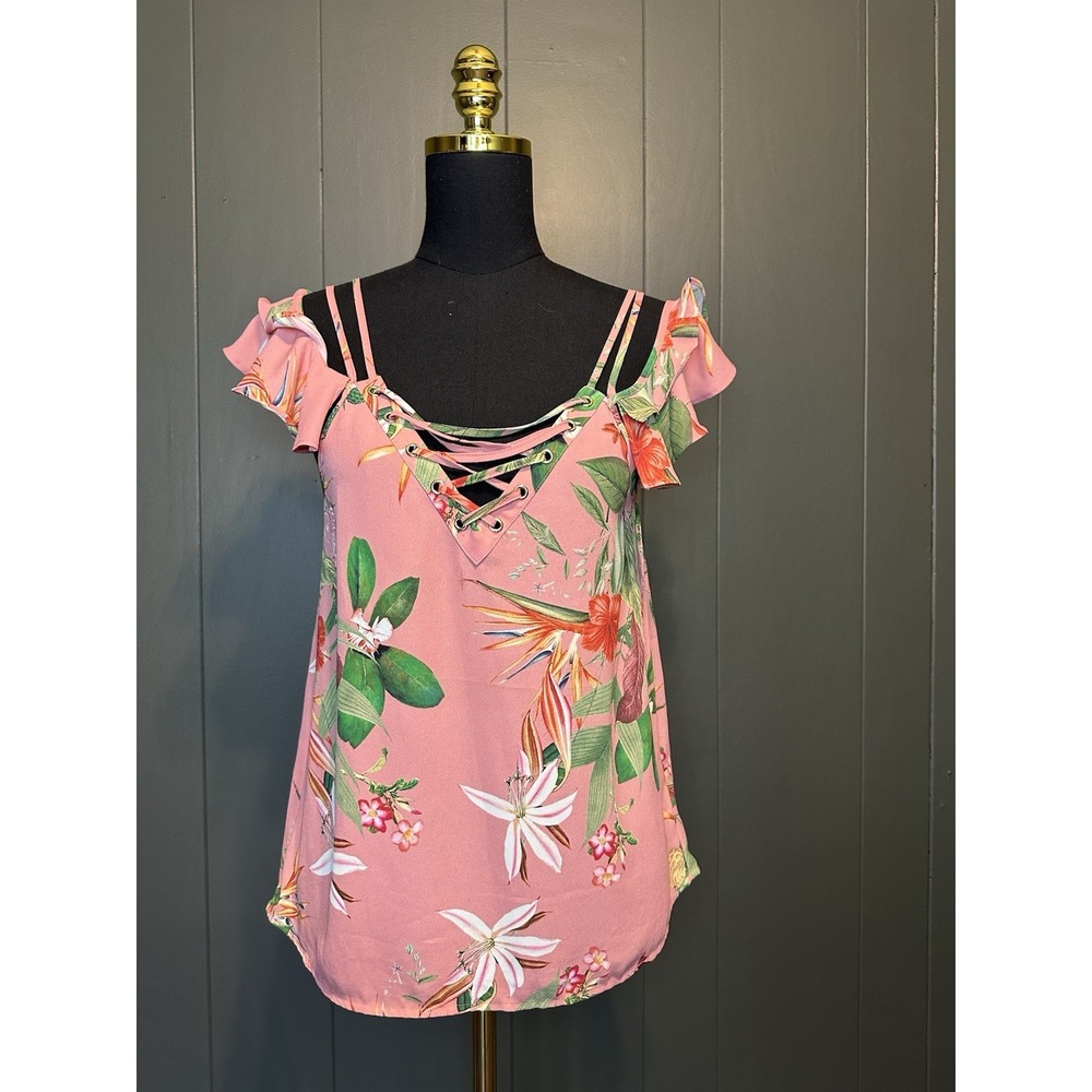 Express Women's Criss Cross Neck Cold Shoulder Ruffe Sleeve Top S Small